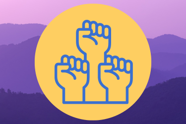 A graphic design icon of three power fists, over a background image of a purple sky.